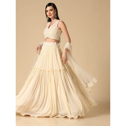 "Two Sisters" by Gyans Cream Pearl Hand Embroidered Lehenga with Blouse and Dupatta (Set of 3)