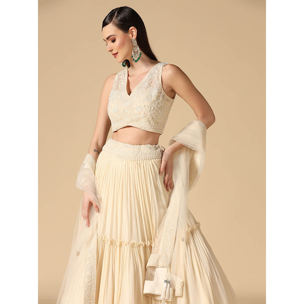 "Two Sisters" by Gyans Cream Pearl Hand Embroidered Lehenga with Blouse and Dupatta (Set of 3)