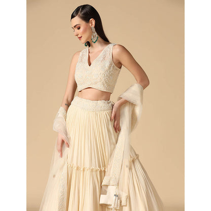 "Two Sisters" by Gyans Cream Pearl Hand Embroidered Lehenga with Blouse and Dupatta (Set of 3)