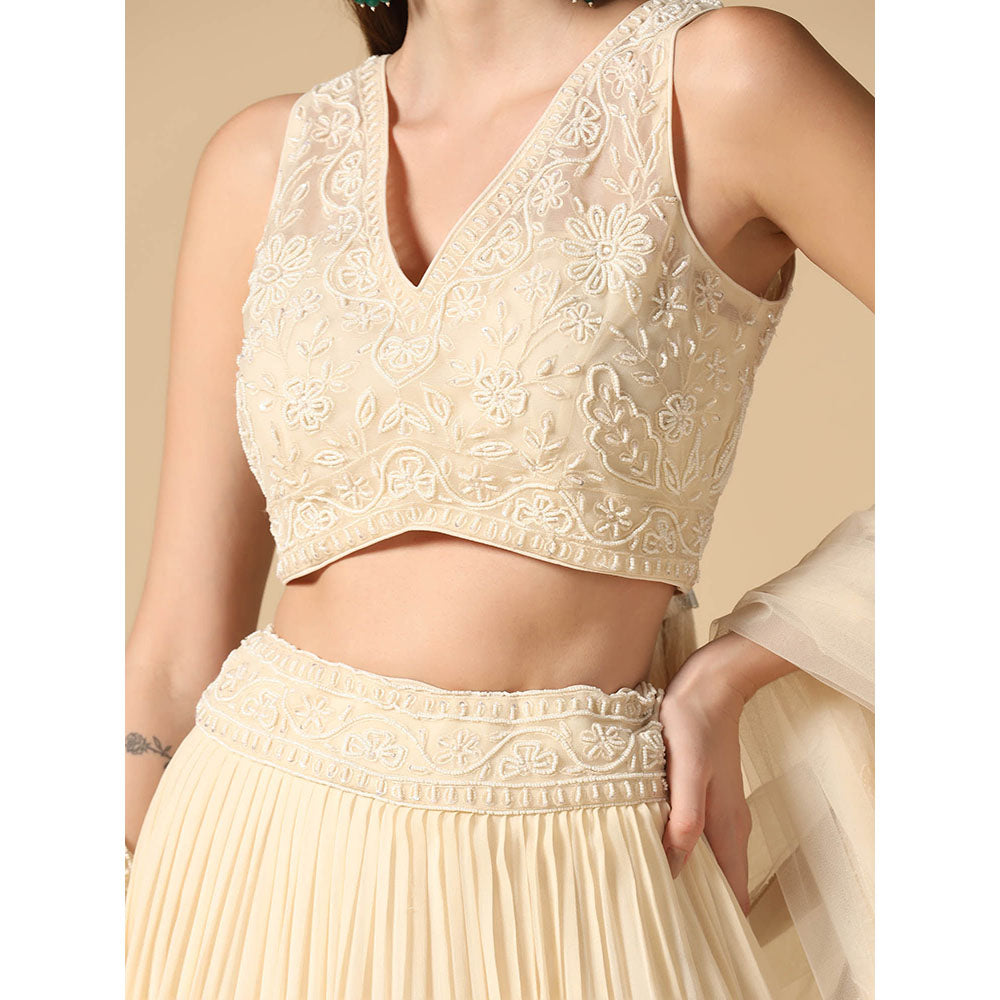 "Two Sisters" by Gyans Cream Pearl Hand Embroidered Lehenga with Blouse and Dupatta (Set of 3)