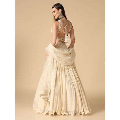 "Two Sisters" by Gyans Cream Pearl Hand Embroidered Lehenga with Blouse and Dupatta (Set of 3)