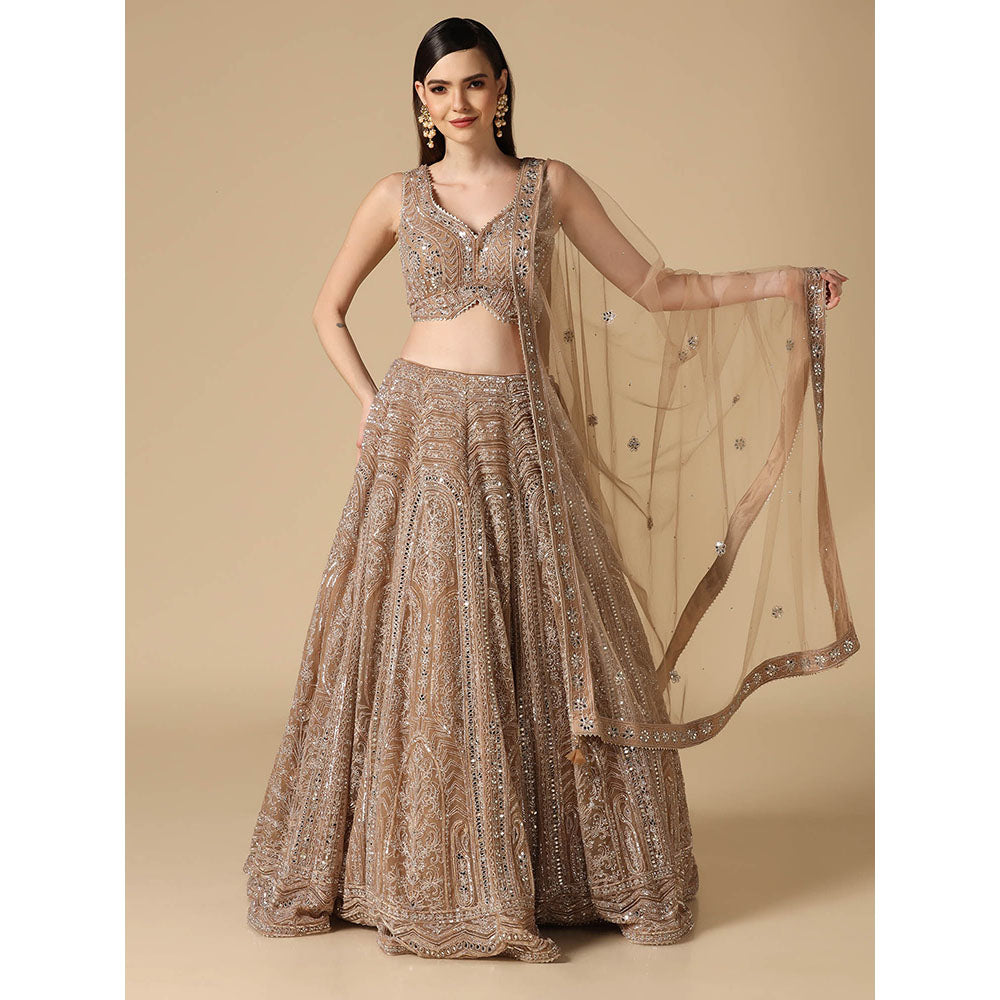 "Two Sisters" by Gyans Beige Mirror Work Lehenga with Blouse and Dupatta (Set of 3)