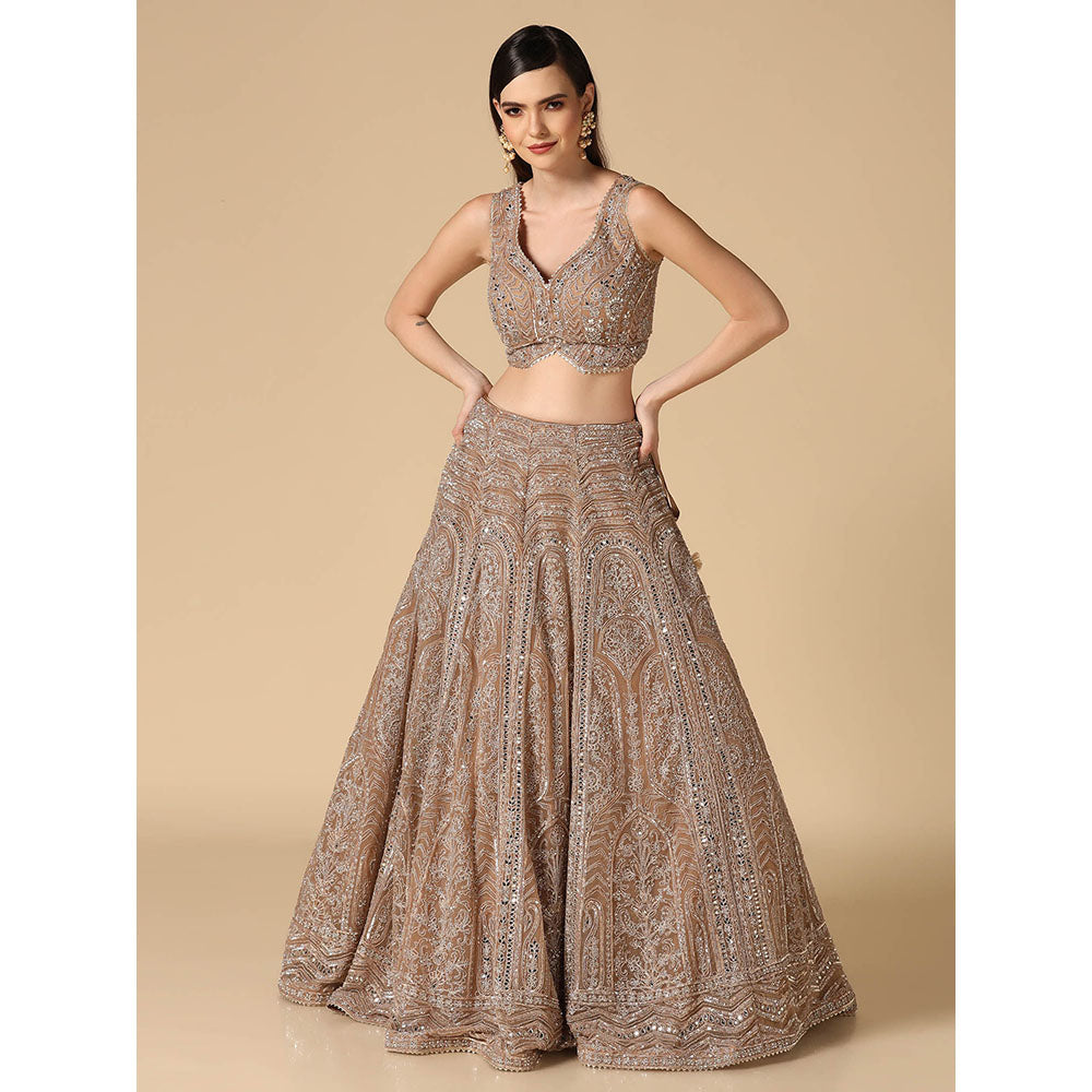 "Two Sisters" by Gyans Beige Mirror Work Lehenga with Blouse and Dupatta (Set of 3)