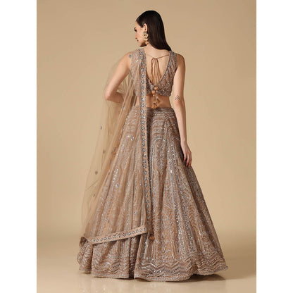 "Two Sisters" by Gyans Beige Mirror Work Lehenga with Blouse and Dupatta (Set of 3)