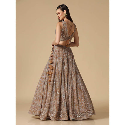 "Two Sisters" by Gyans Beige Mirror Work Lehenga with Blouse and Dupatta (Set of 3)