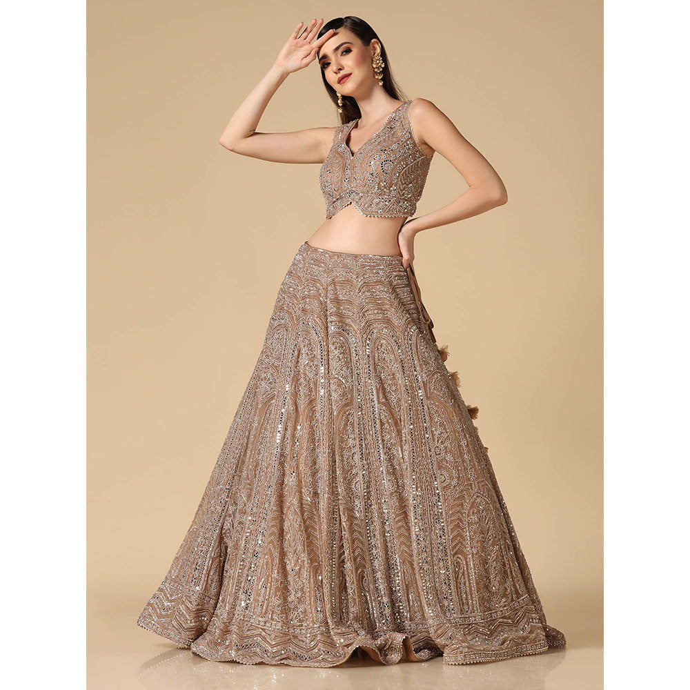 "Two Sisters" by Gyans Beige Mirror Work Lehenga with Blouse and Dupatta (Set of 3)