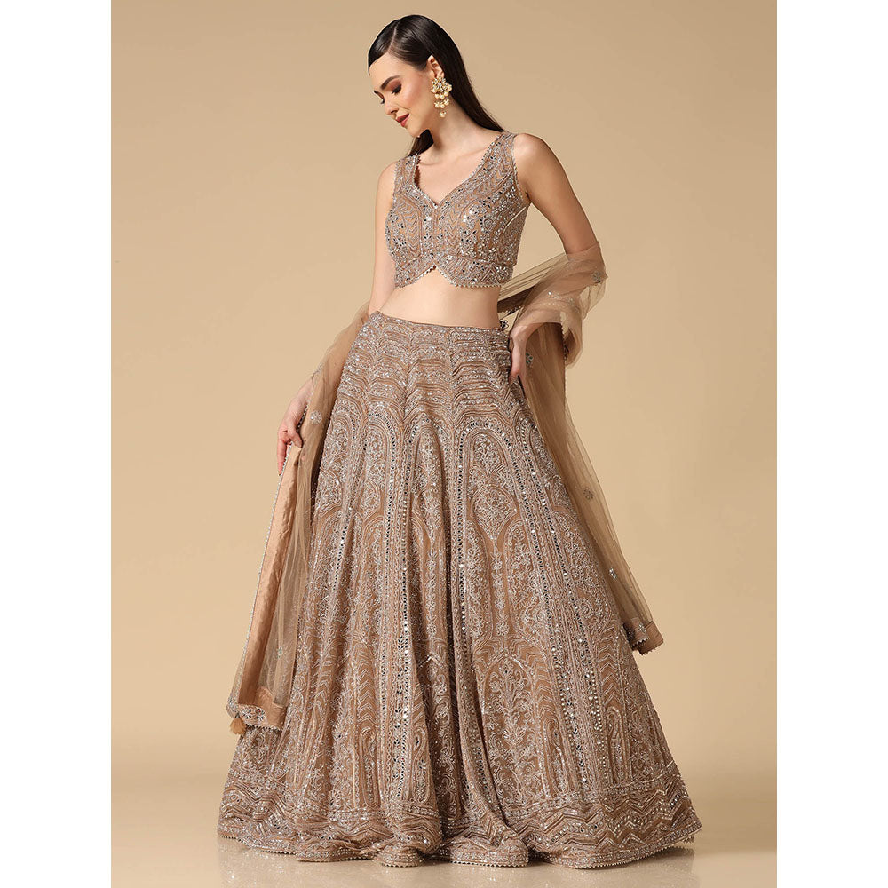 "Two Sisters" by Gyans Beige Mirror Work Lehenga with Blouse and Dupatta (Set of 3)