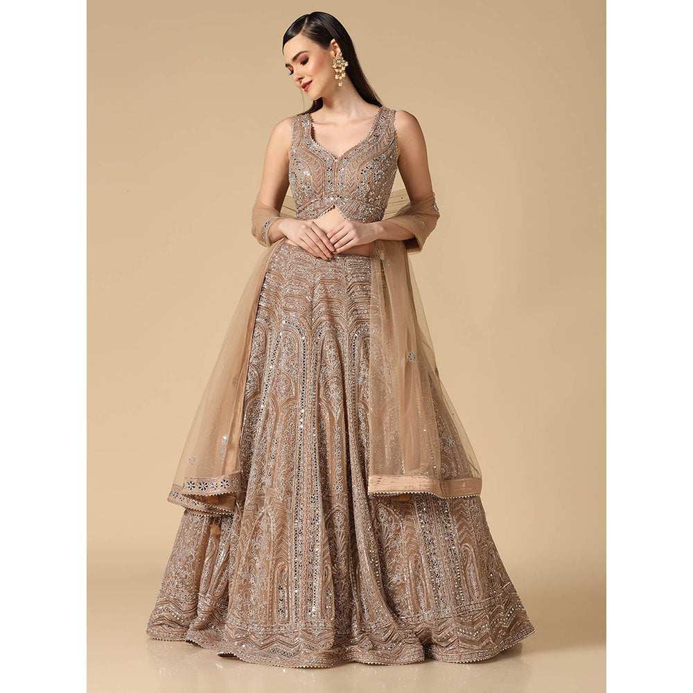 "Two Sisters" by Gyans Beige Mirror Work Lehenga with Blouse and Dupatta (Set of 3)