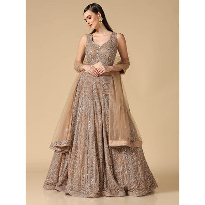 "Two Sisters" by Gyans Beige Mirror Work Lehenga with Blouse and Dupatta (Set of 3)
