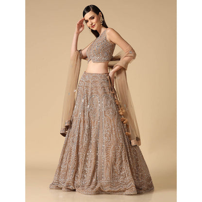 "Two Sisters" by Gyans Beige Mirror Work Lehenga with Blouse and Dupatta (Set of 3)