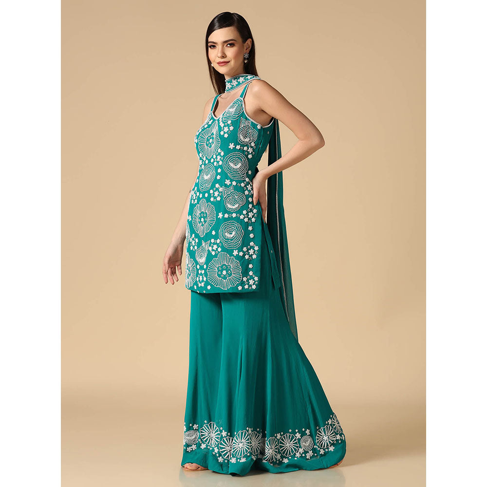 "Two Sisters" by Gyans Green Sharara with Embroidery Kurta and Dupatta (Set of 3)