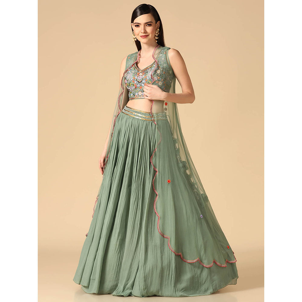 "Two Sisters" by Gyans Sage Green Hand Embroidered Lehenga with Cape and Blouse (Set of 3)