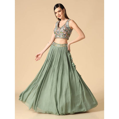 "Two Sisters" by Gyans Sage Green Hand Embroidered Lehenga with Cape and Blouse (Set of 3)