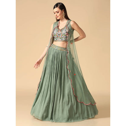 "Two Sisters" by Gyans Sage Green Hand Embroidered Lehenga with Cape and Blouse (Set of 3)