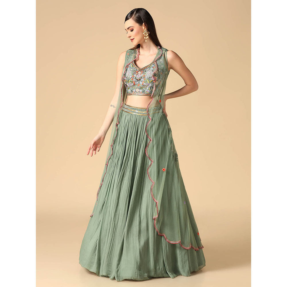 "Two Sisters" by Gyans Sage Green Hand Embroidered Lehenga with Cape and Blouse (Set of 3)