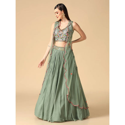 "Two Sisters" by Gyans Sage Green Hand Embroidered Lehenga with Cape and Blouse (Set of 3)