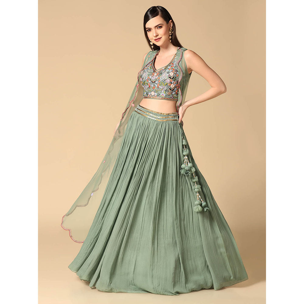 "Two Sisters" by Gyans Sage Green Hand Embroidered Lehenga with Cape and Blouse (Set of 3)
