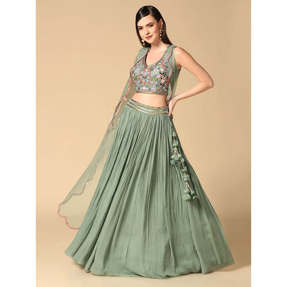 "Two Sisters" by Gyans Sage Green Hand Embroidered Lehenga with Cape and Blouse (Set of 3)