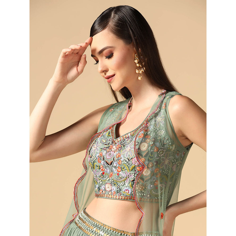 "Two Sisters" by Gyans Sage Green Hand Embroidered Lehenga with Cape and Blouse (Set of 3)