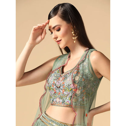 "Two Sisters" by Gyans Sage Green Hand Embroidered Lehenga with Cape and Blouse (Set of 3)