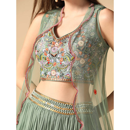 "Two Sisters" by Gyans Sage Green Hand Embroidered Lehenga with Cape and Blouse (Set of 3)