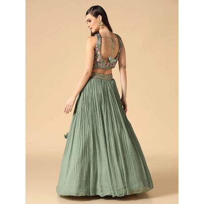 "Two Sisters" by Gyans Sage Green Hand Embroidered Lehenga with Cape and Blouse (Set of 3)