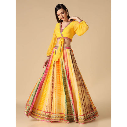 "Two Sisters" by Gyans Yellow Crop Top and Leheriya Lehenga (Set of 2)