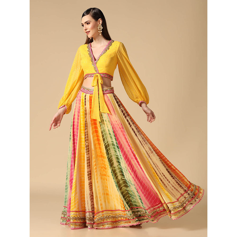 "Two Sisters" by Gyans Yellow Crop Top and Leheriya Lehenga (Set of 2)