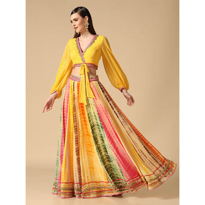 "Two Sisters" by Gyans Yellow Crop Top and Leheriya Lehenga (Set of 2)