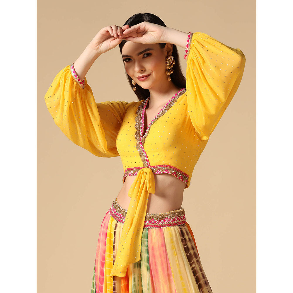 "Two Sisters" by Gyans Yellow Crop Top and Leheriya Lehenga (Set of 2)