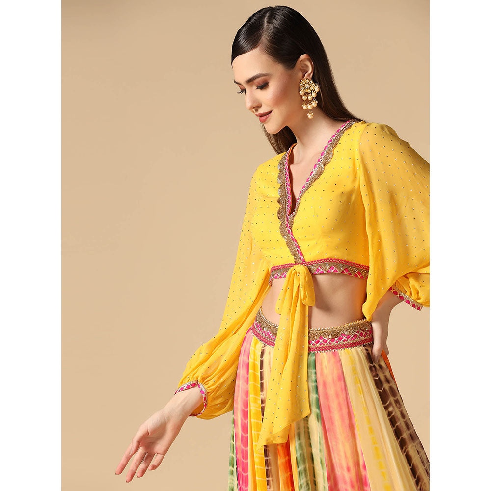 "Two Sisters" by Gyans Yellow Crop Top and Leheriya Lehenga (Set of 2)