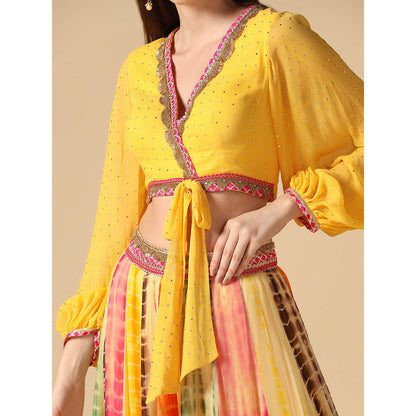 "Two Sisters" by Gyans Yellow Crop Top and Leheriya Lehenga (Set of 2)