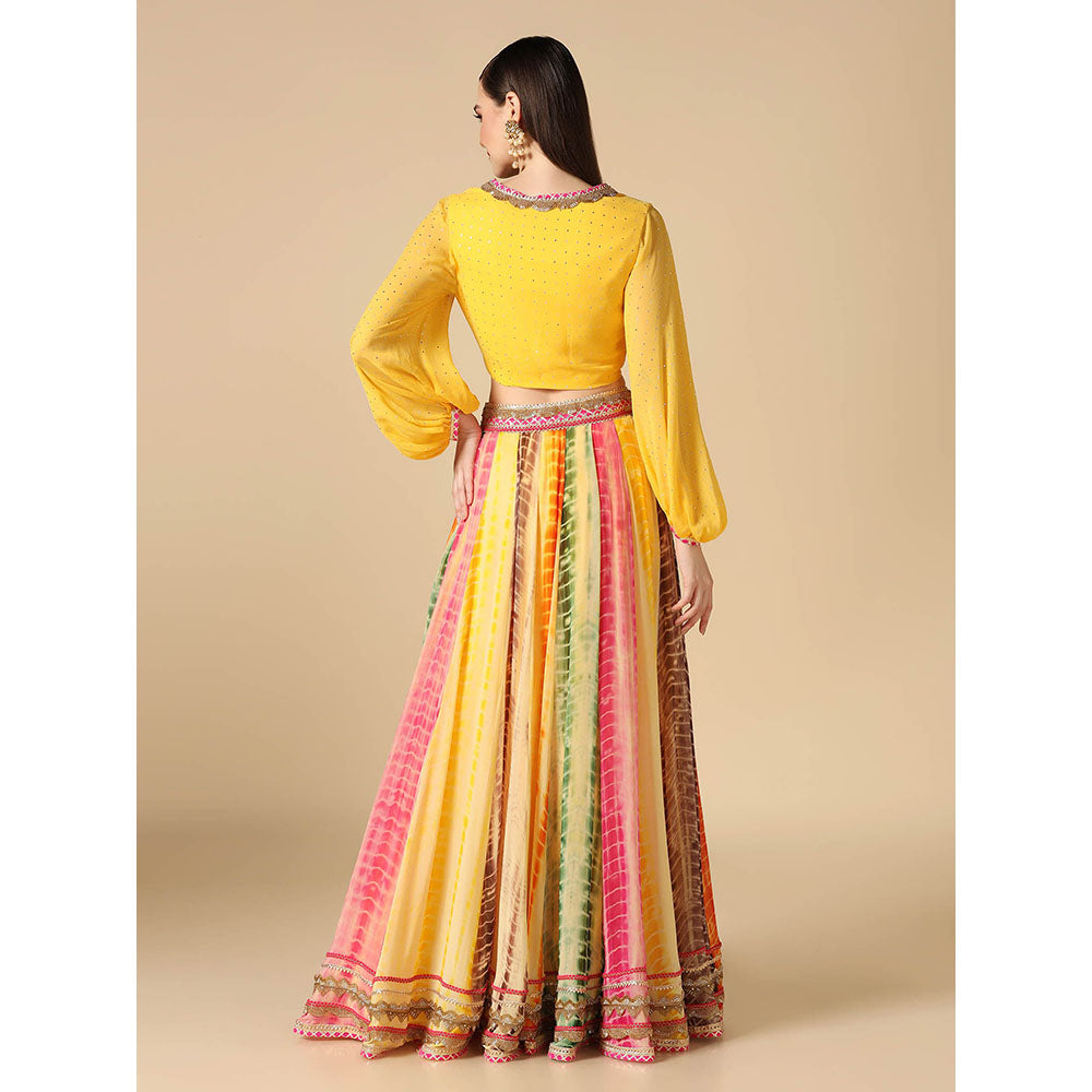 "Two Sisters" by Gyans Yellow Crop Top and Leheriya Lehenga (Set of 2)