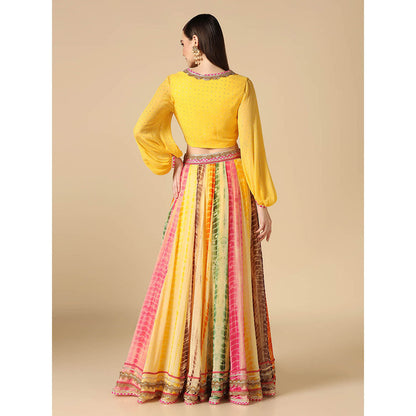 "Two Sisters" by Gyans Yellow Crop Top and Leheriya Lehenga (Set of 2)