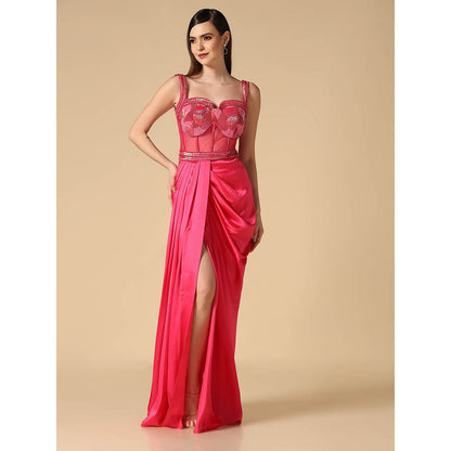 "Two Sisters" by Gyans Pink Hand Embroidered Slit Gown