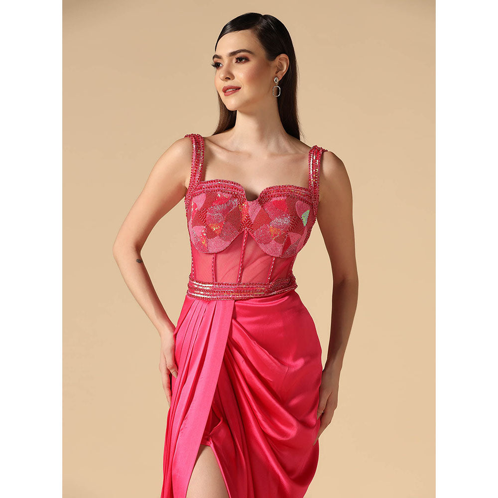 "Two Sisters" by Gyans Pink Hand Embroidered Slit Gown