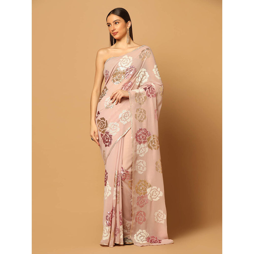 "Two Sisters" by Gyans Pink Floral Sequins Embroidered Saree with Stitched Blouse