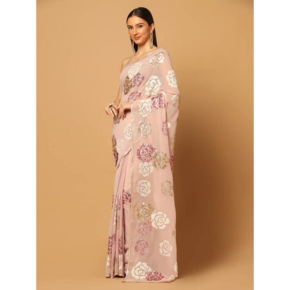 "Two Sisters" by Gyans Pink Floral Sequins Embroidered Saree with Stitched Blouse