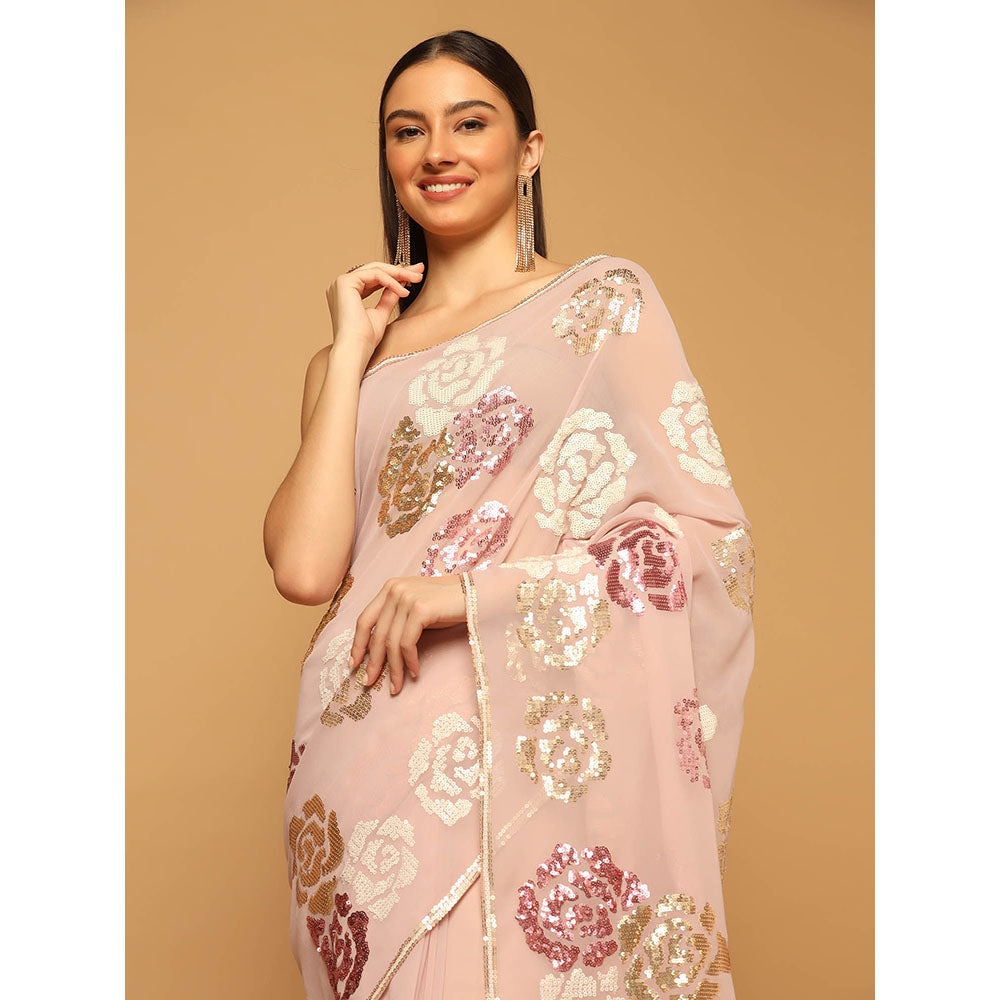 "Two Sisters" by Gyans Pink Floral Sequins Embroidered Saree with Stitched Blouse