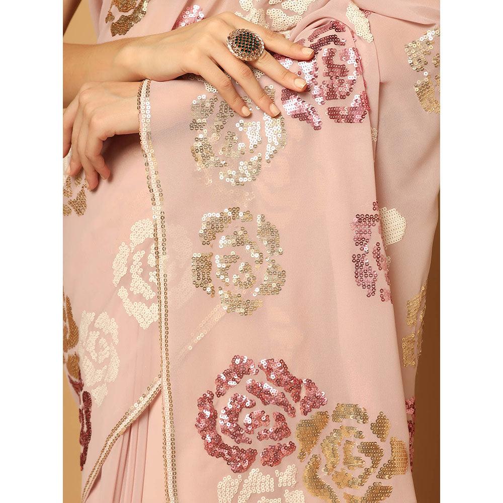 "Two Sisters" by Gyans Pink Floral Sequins Embroidered Saree with Stitched Blouse