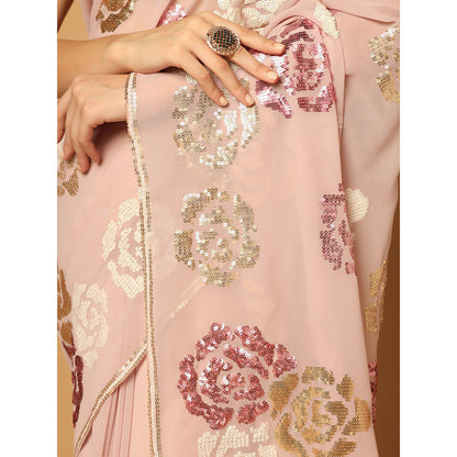 "Two Sisters" by Gyans Pink Floral Sequins Embroidered Saree with Stitched Blouse