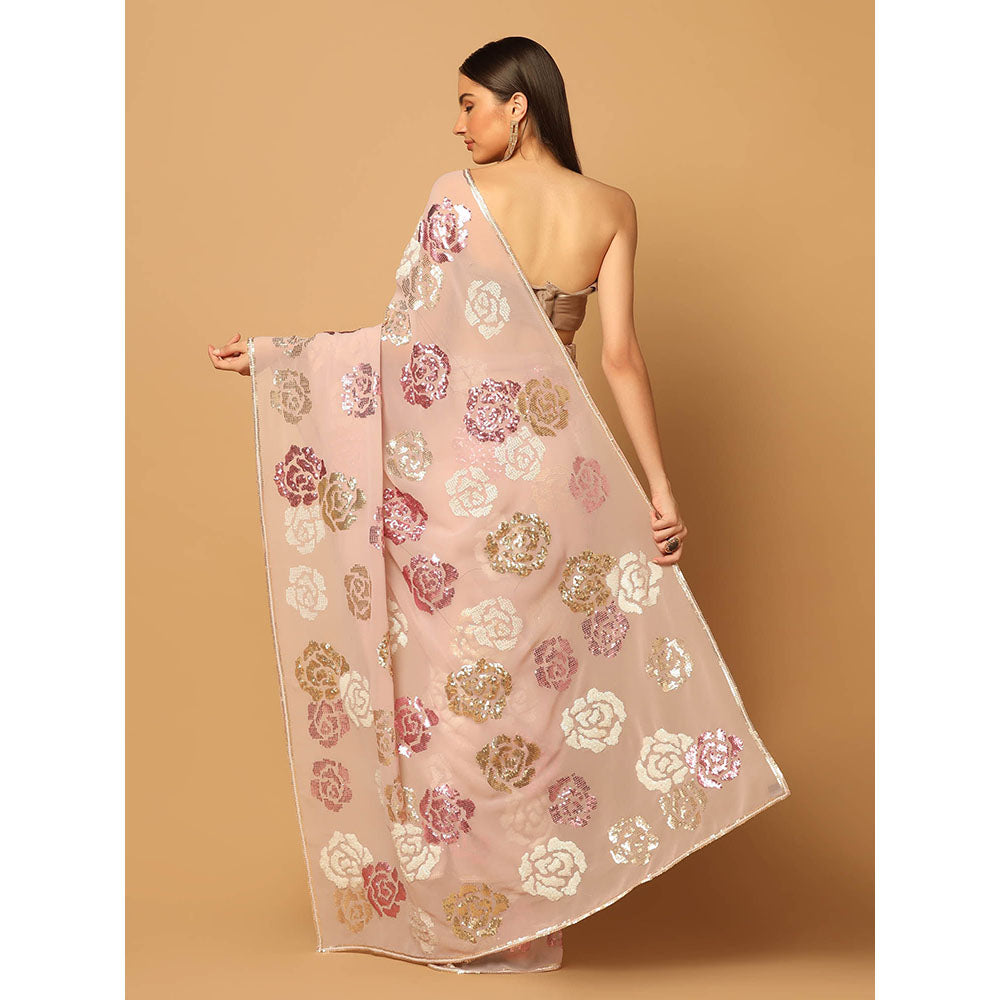 "Two Sisters" by Gyans Pink Floral Sequins Embroidered Saree with Stitched Blouse