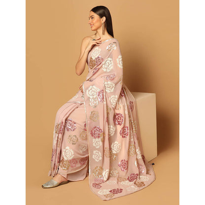 "Two Sisters" by Gyans Pink Floral Sequins Embroidered Saree with Stitched Blouse