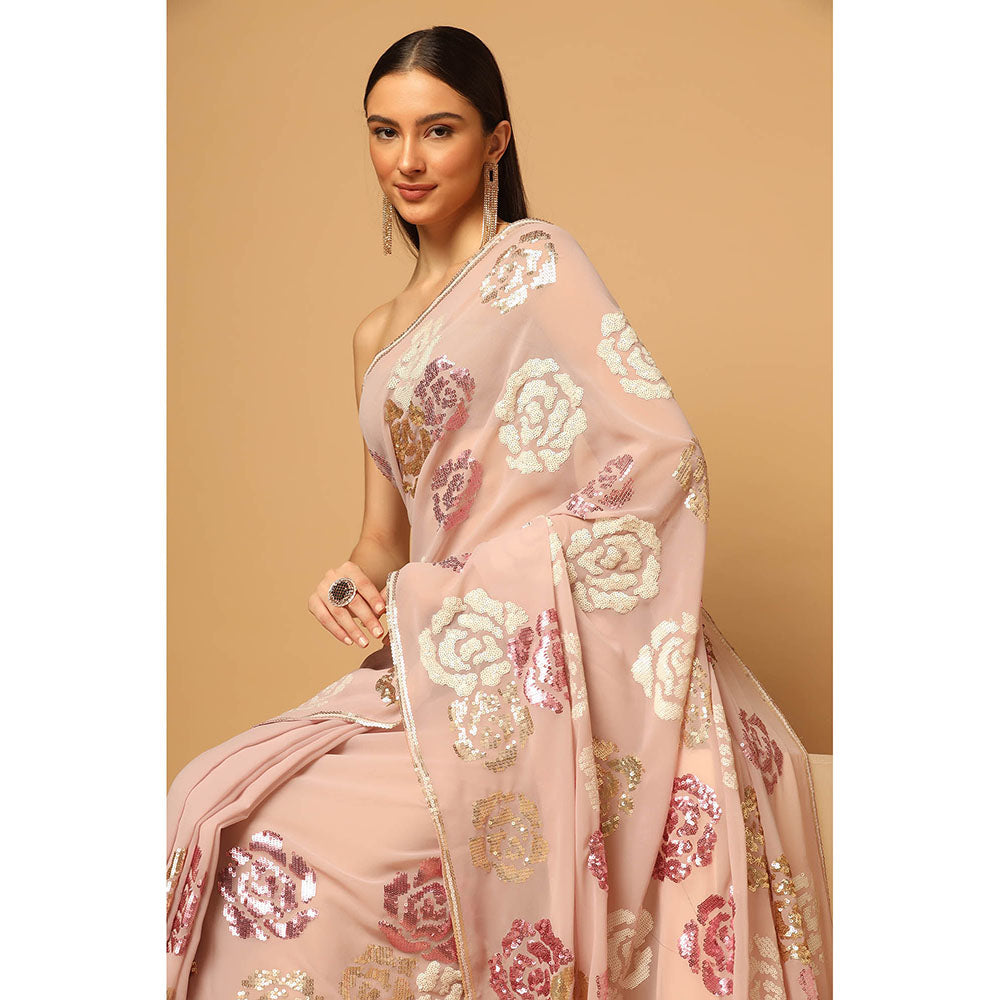 "Two Sisters" by Gyans Pink Floral Sequins Embroidered Saree with Stitched Blouse