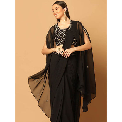 "Two Sisters" by Gyans Black Draped Saree with Stitched Blouse and Cape