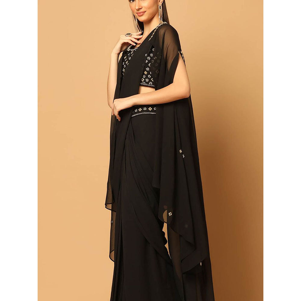 "Two Sisters" by Gyans Black Draped Saree with Stitched Blouse and Cape