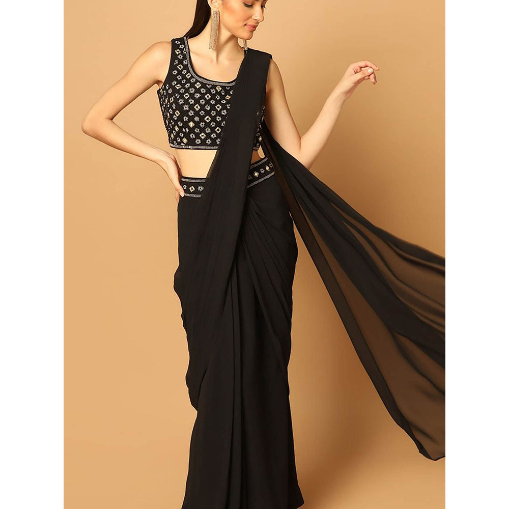 "Two Sisters" by Gyans Black Draped Saree with Stitched Blouse and Cape