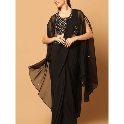 "Two Sisters" by Gyans Black Draped Saree with Stitched Blouse and Cape