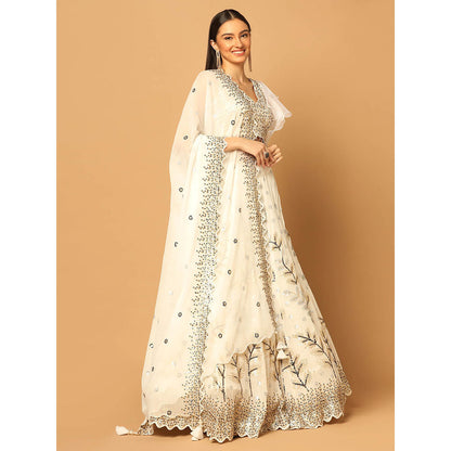 "Two Sisters" by Gyans White Embroidered Lehenga with Blouse and Dupatta (Set of 3)