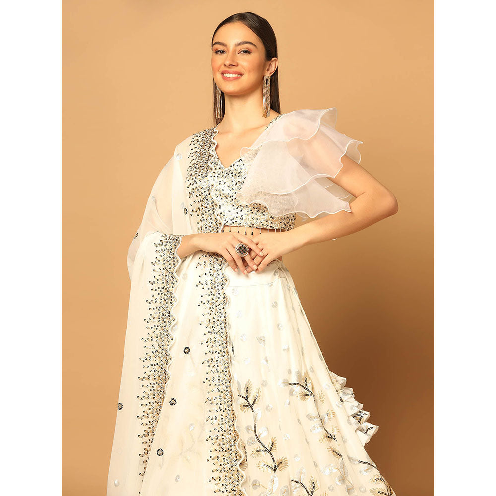 "Two Sisters" by Gyans White Embroidered Lehenga with Blouse and Dupatta (Set of 3)